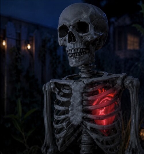 Lite red illuminated anatomical heart installed inside a skeleton display