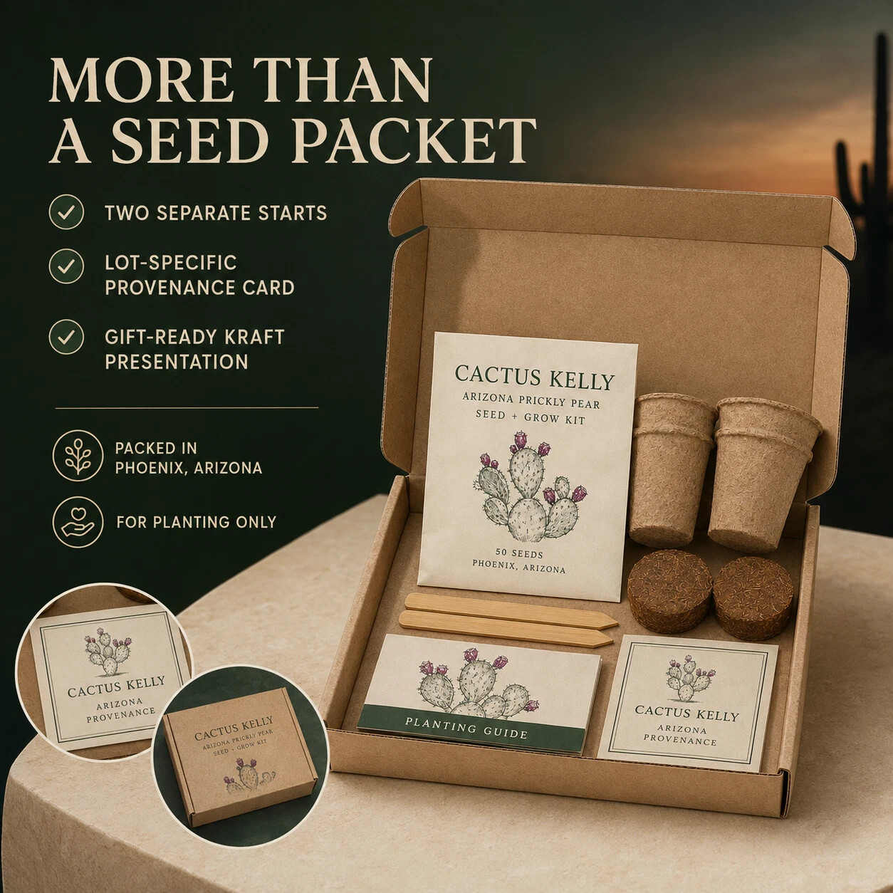 Cactus Kelly prickly pear grow kit with fifty seeds, two fiber pots, coir discs, markers and planting materials