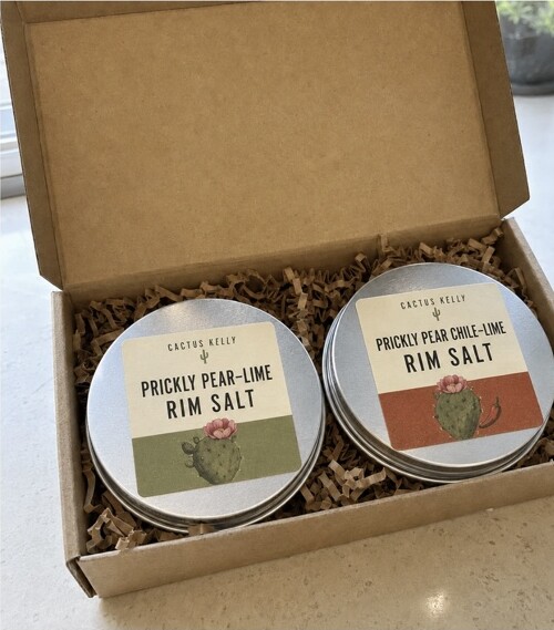 Cactus Kelly prickly pear lime and chile-lime rim salt tins in a kraft gift box